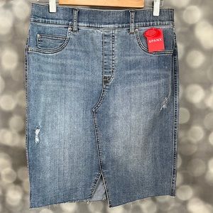 SPANX Blue Denim Midi Skirt with Front Slit